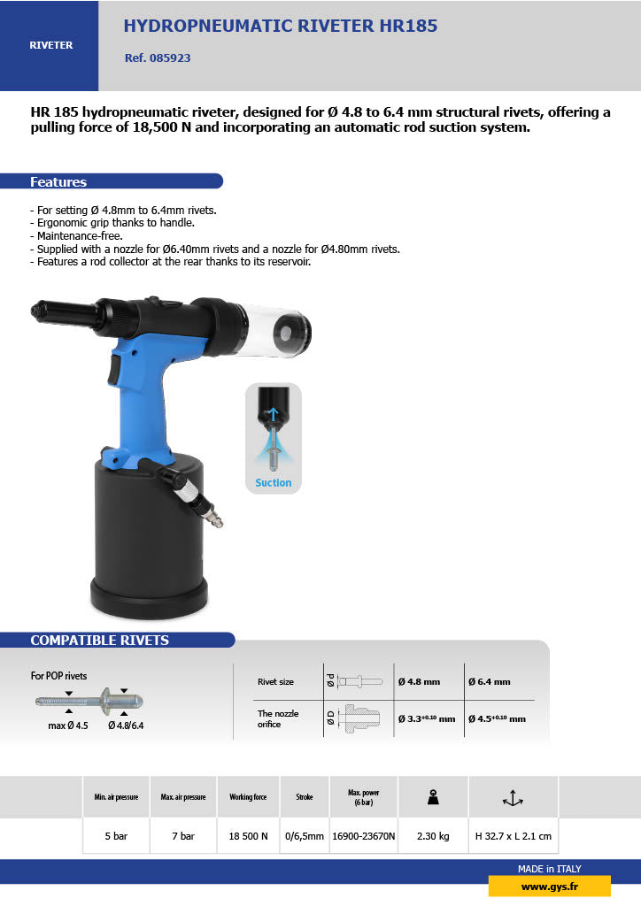 Hydro pneumatic riveter HR185 with specifications and features on a white background