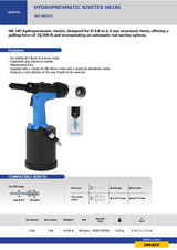 Hydro pneumatic riveter HR185 with specifications and features on a white background